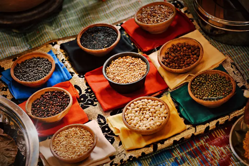 Bowls of loose rice, lentils and flour on a kiryana counter